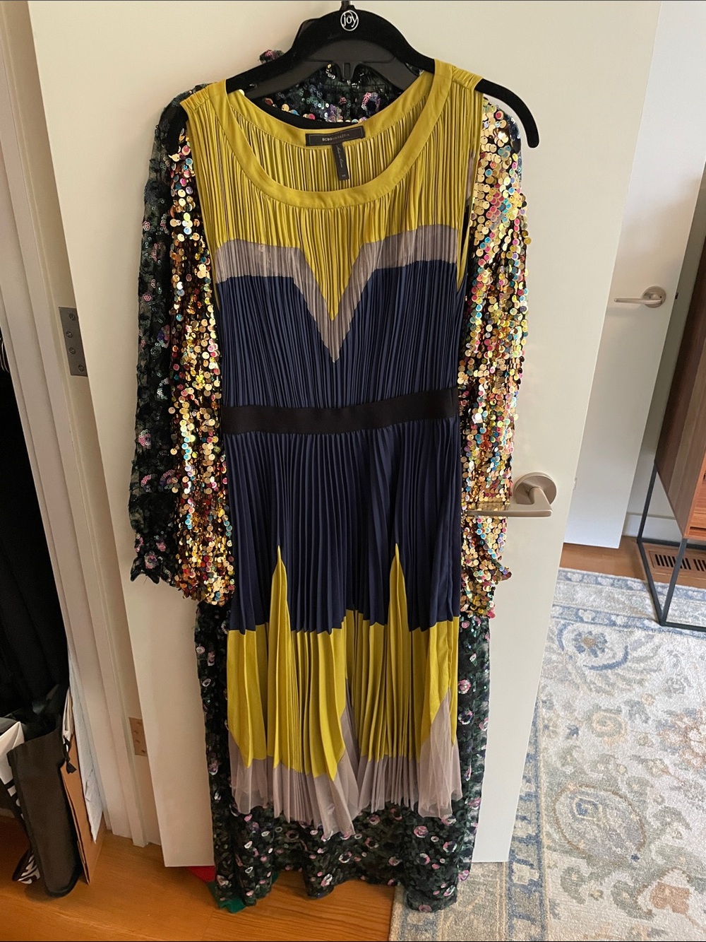 BCBGMaxAzria Yellow and Navy Pleated Colorblock Maxi Dress